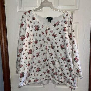 Lauren Ralph Lauren-3X-cream floral print, crochet, button down cardigan sweater